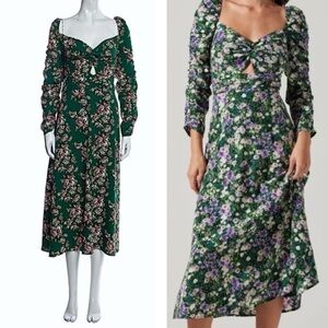 ASTR The Label | Long Sleeve Twist Keyhole Front Midi Dress in Green Floral L